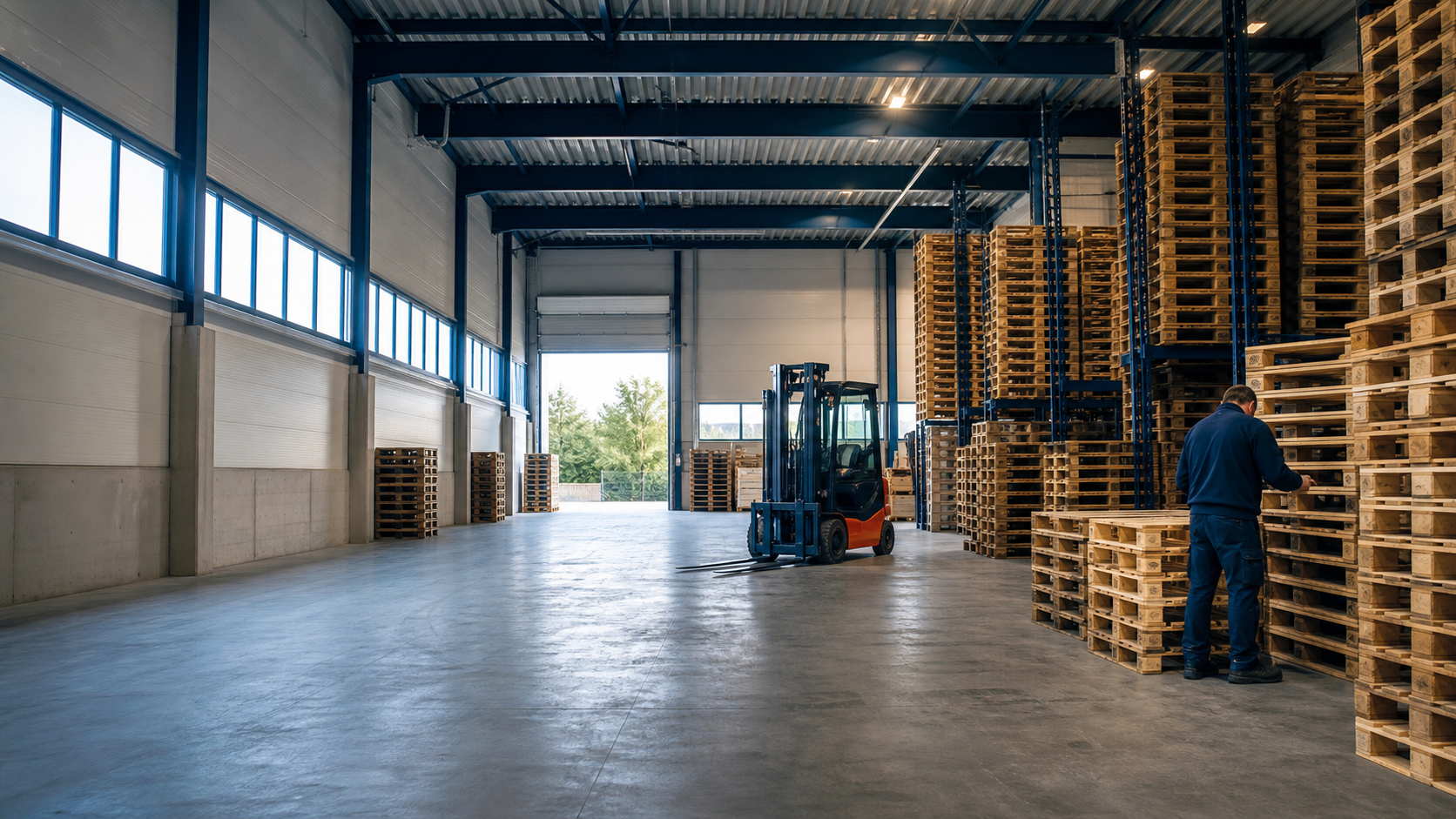 Kleine Lagerhalle mit Paletten und Stapler in Unterhaching