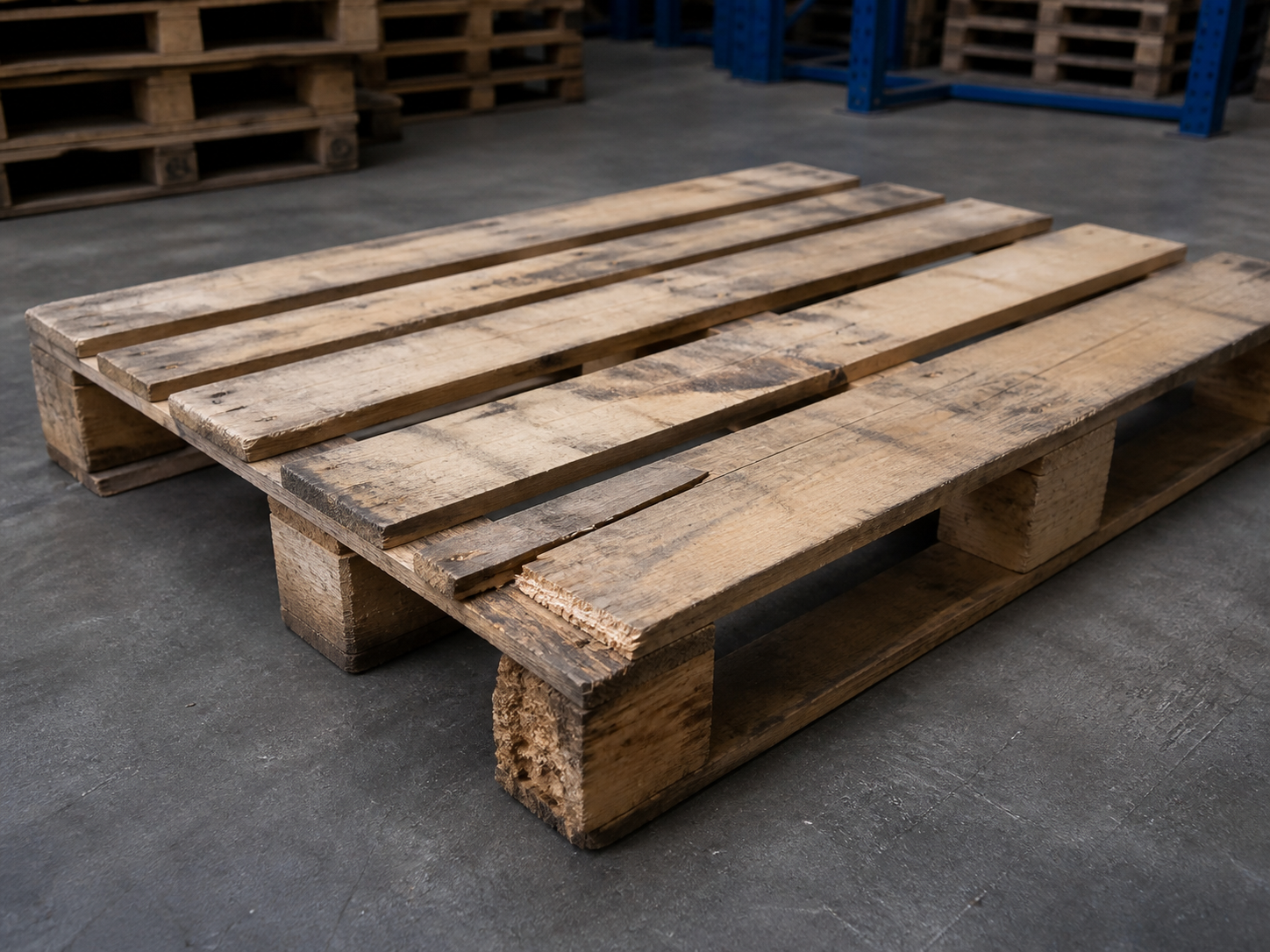 Beschädigte Holzpalette vor der Reparatur